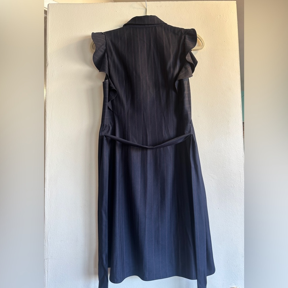 T Tahari Navy pinstripe Midi Dress with Ruffle Sleeves - Picture 5 of 5